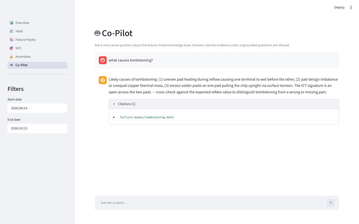Co-pilot chat page answering a grounded question