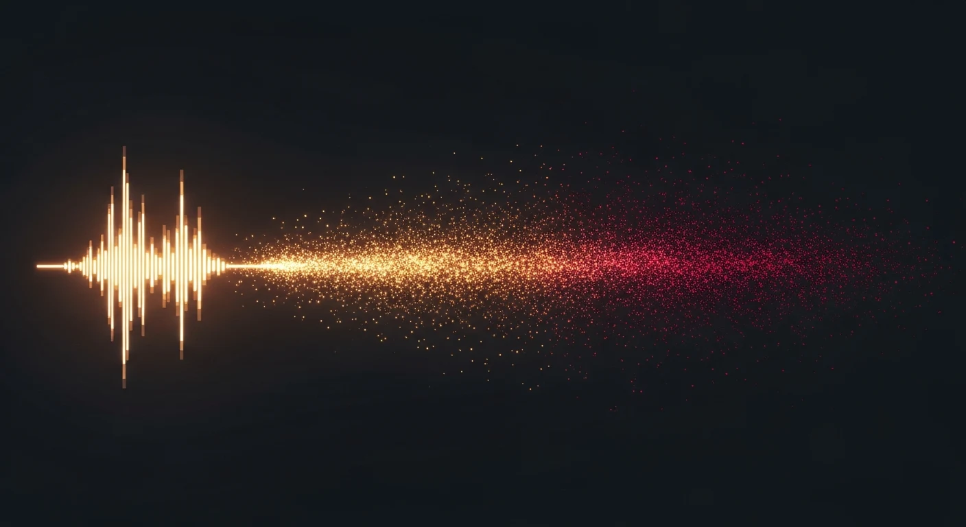 Abstract art: a glowing signal degrading into noise as context fills — warm amber fading to dim red