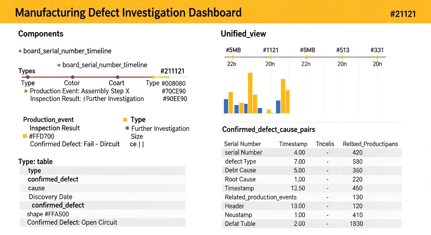 Defect investigation dashboard showing board production timeline and confirmed causal links