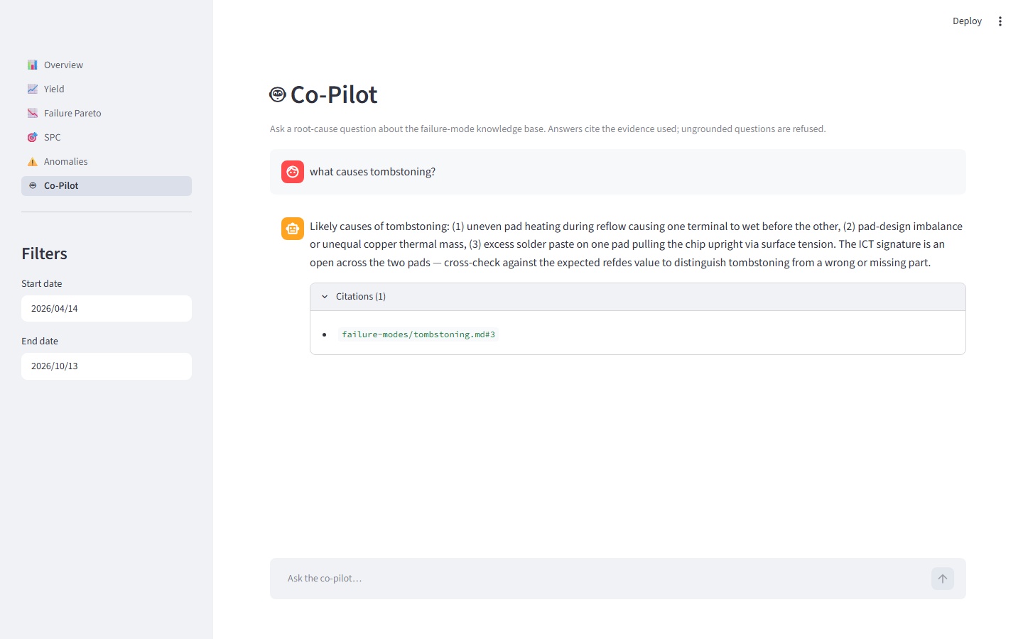 Co-Pilot chat page answering a root-cause question with grounded citations