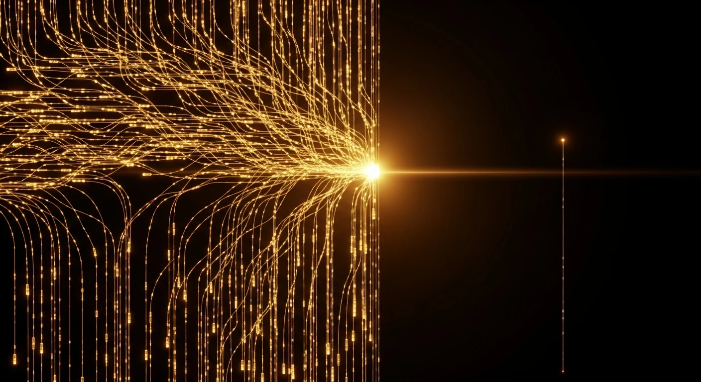Hundreds of glowing amber data packets flowing simultaneously through a network — async throughput advantage