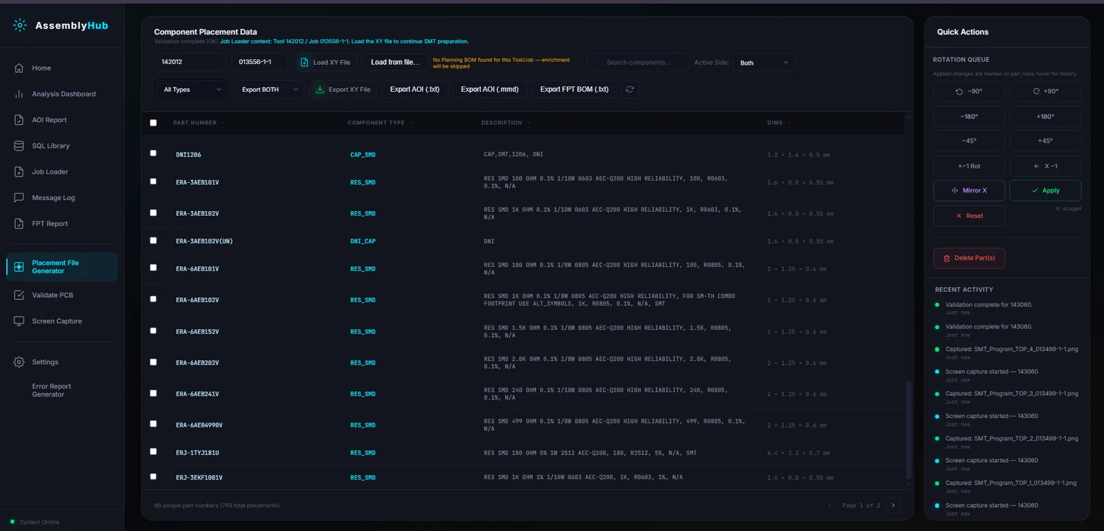 The Placement File Generator: the part list, the rotation queue, and the exports that drive the machine