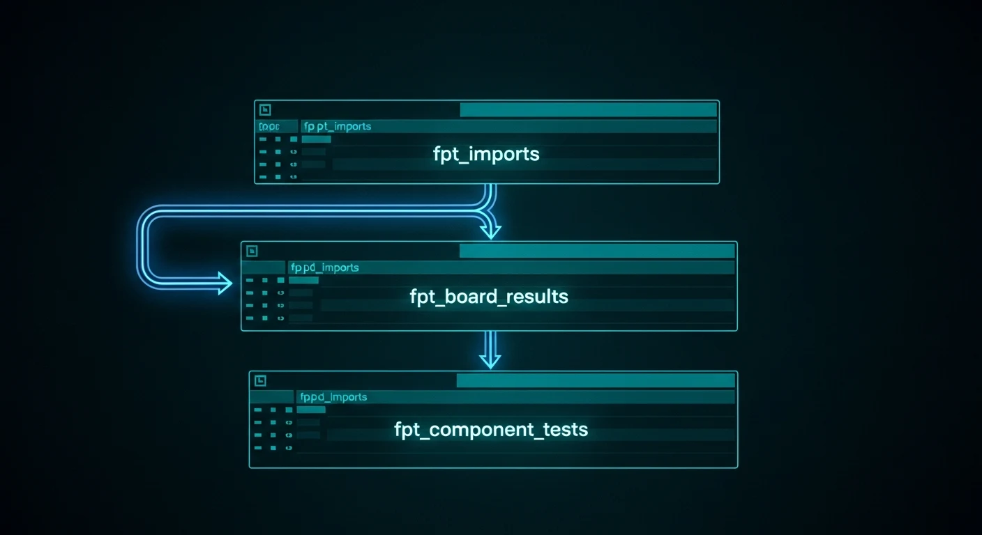 Three-table cascading schema: imports, board results, component tests