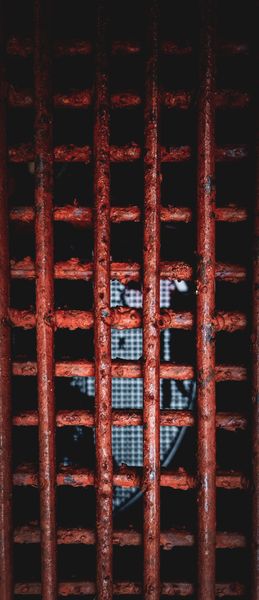 Vertical rusty red metal bars form a textured grate, revealing a dark, blurry checkered pattern behind