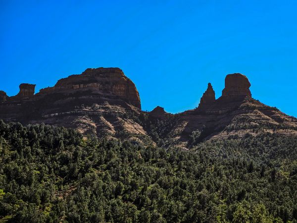 Rugged red rock formations and buttes rise above a dense green forest under a clear blue sky