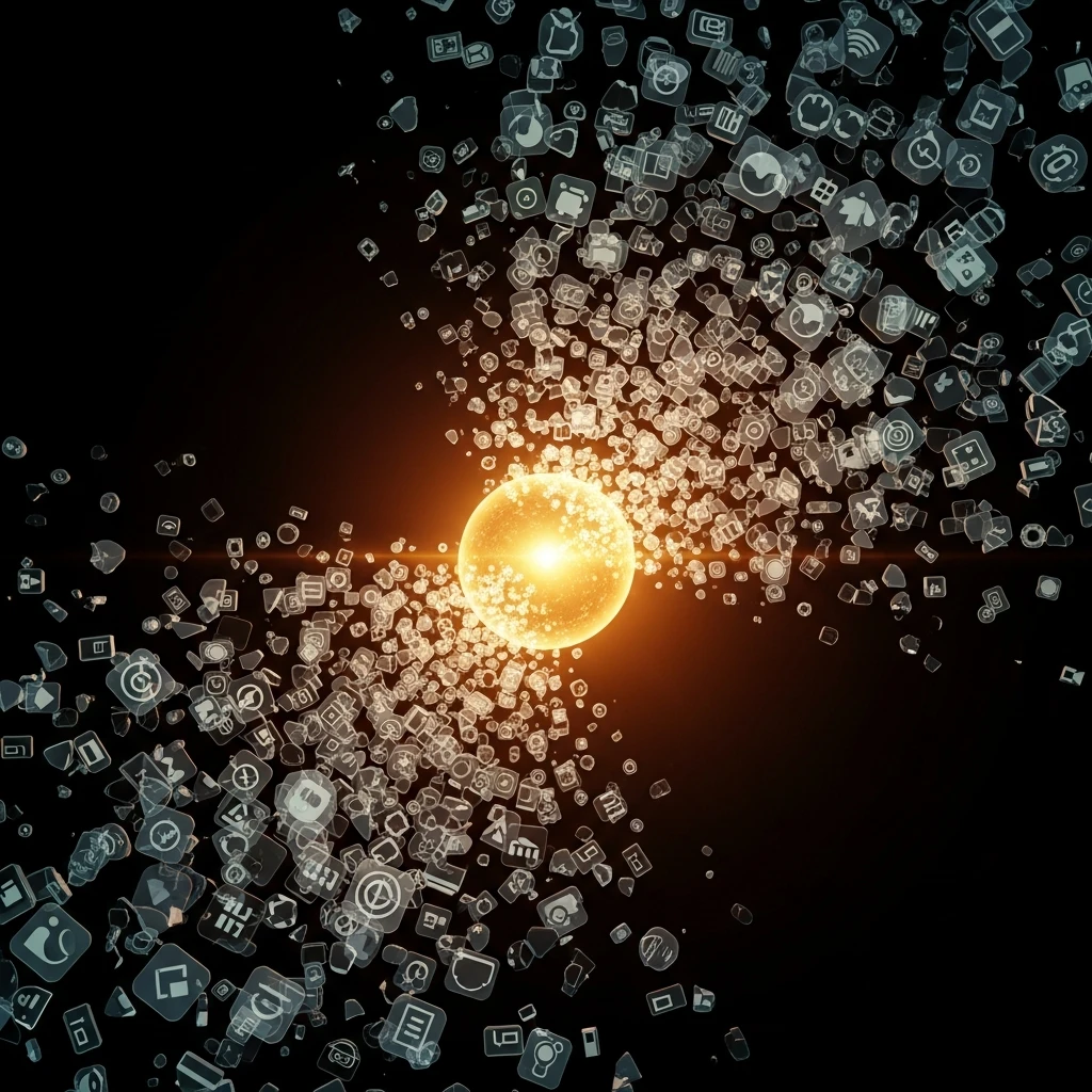 App icons fragmenting and converging into a single luminous orb — the collapse of app-era computing