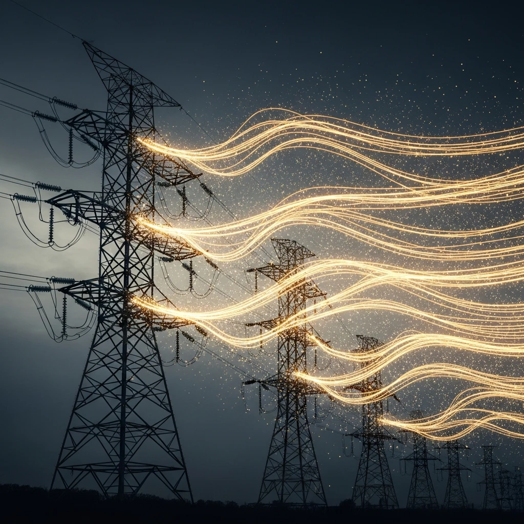 Industrial electricity pylons transforming into neural network light traces — intelligence as infrastructure